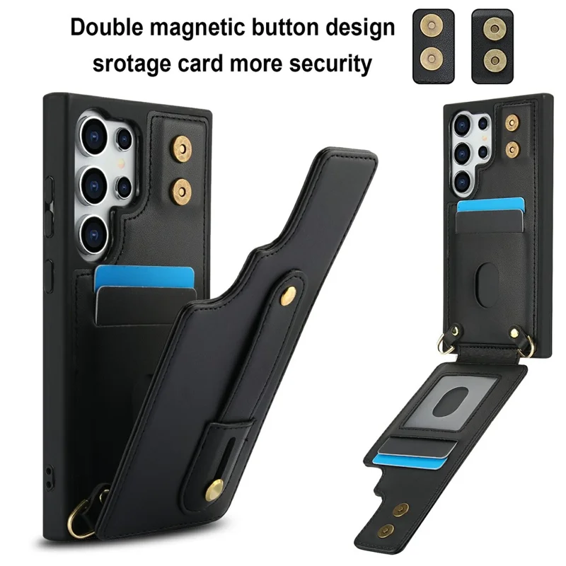 For Samsung Galaxy S26 Ultra Case Kickstand Card Slots Leather Coated TPU Cover with Shoulder Strap - Black