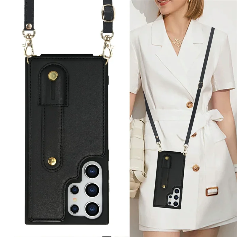 For Samsung Galaxy S26 Ultra Case Kickstand Card Slots Leather Coated TPU Cover with Shoulder Strap - Black