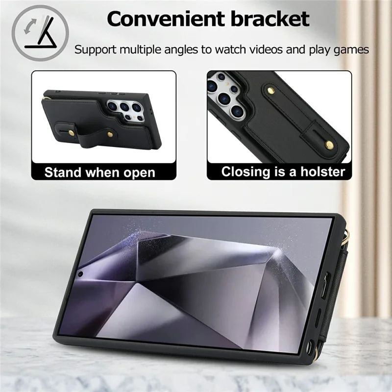 For Samsung Galaxy S26 Ultra Case Kickstand Card Slots Leather Coated TPU Cover with Shoulder Strap - Black