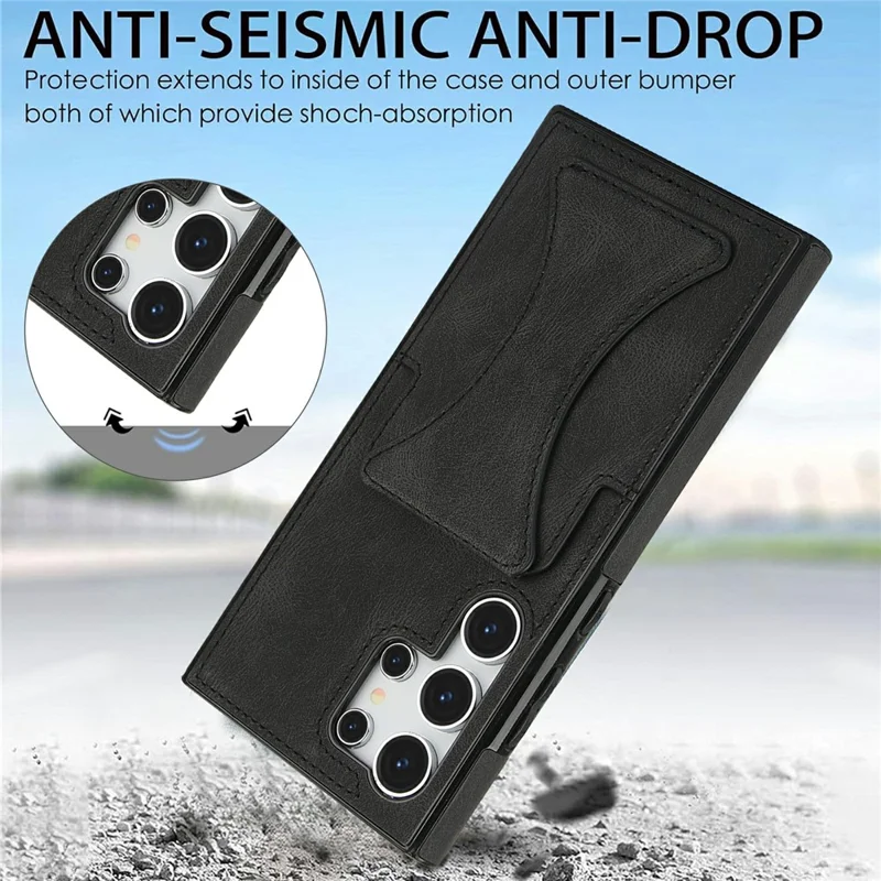 Zwart hoesje voor Samsung Galaxy S26 Ultra van leer + TPU met kaarthouder en standaard