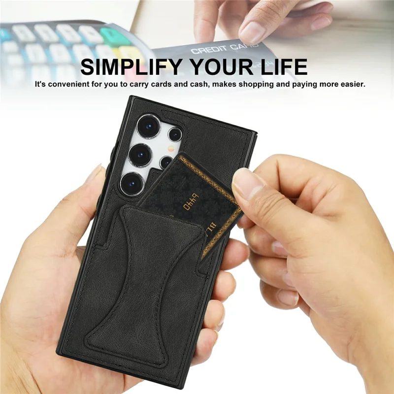 Zwart hoesje voor Samsung Galaxy S26 Ultra van leer + TPU met kaarthouder en standaard