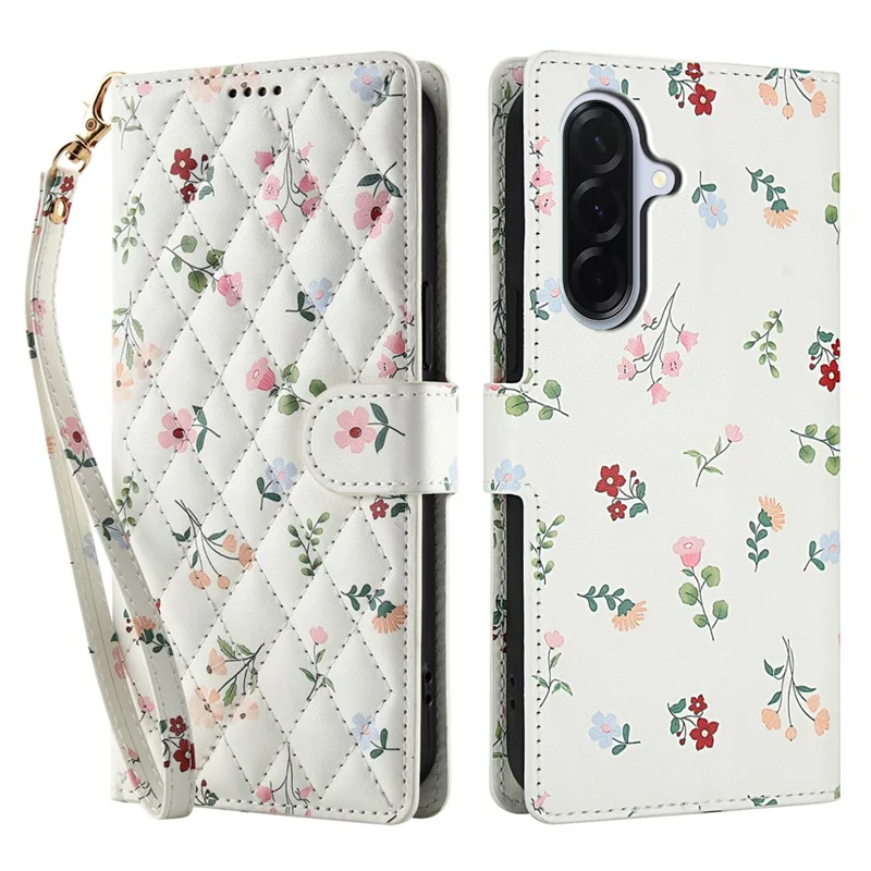 Wallet Case for Samsung Galaxy A37 / A56 5G / A36 5G Rhombic Floral Design Leather Flip Phone Cover with Strap - A1