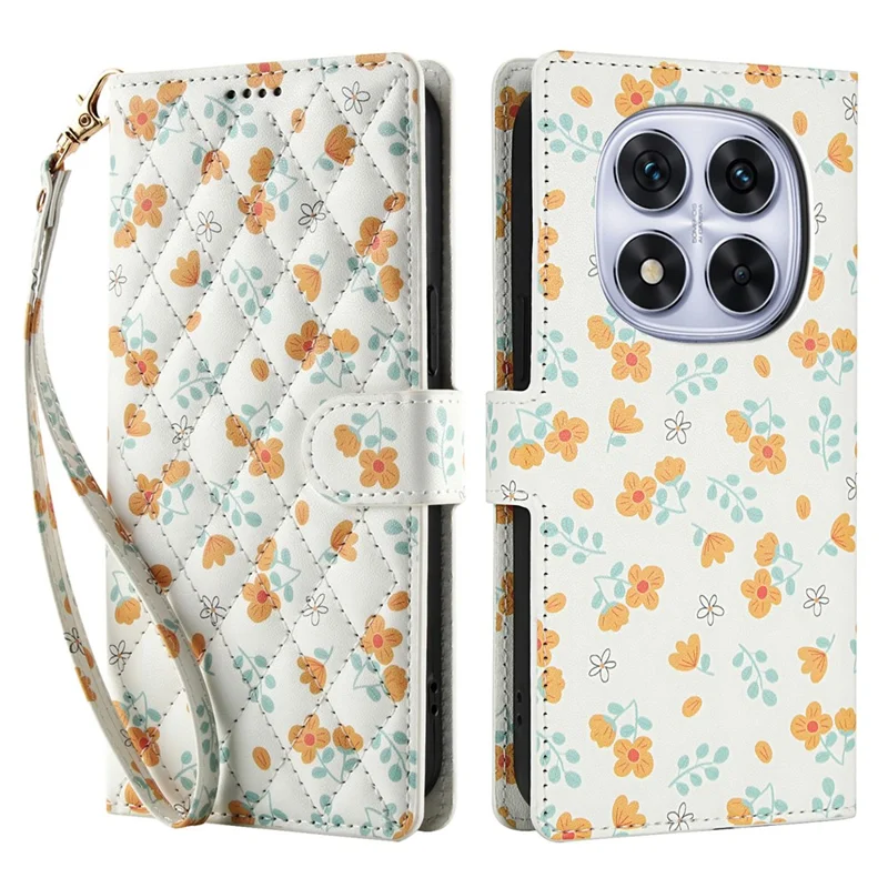For Xiaomi Redmi Note 15 Pro 4G (Global) Wallet Case Rhombic Floral Design Leather Flip Phone Cover with Strap - A3