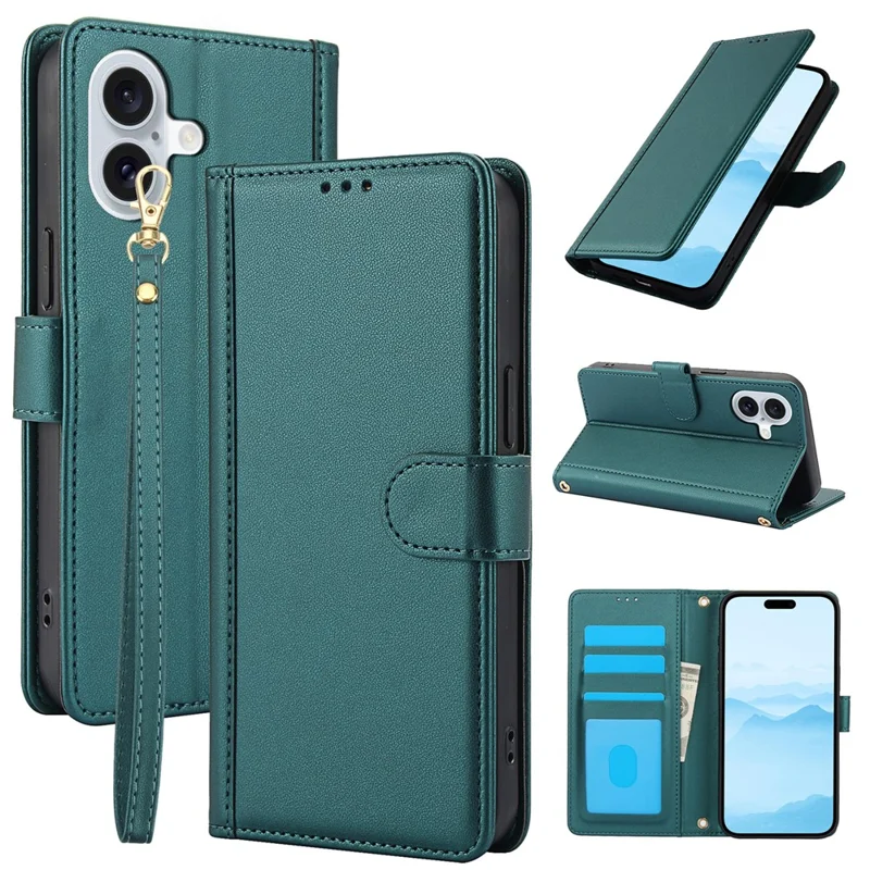 For iPhone 17 Case PU Leather Stand View Phone Wallet Cover with Hand Strap - Green