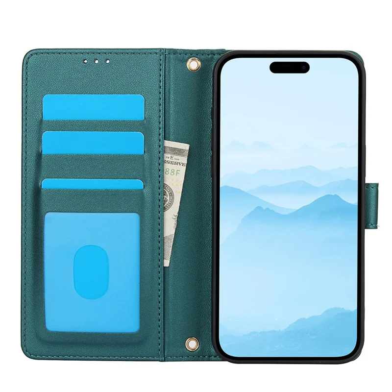 For iPhone 17 Case PU Leather Stand View Phone Wallet Cover with Hand Strap - Green