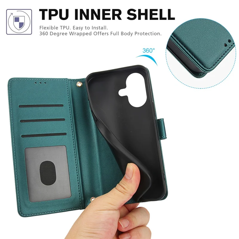 For iPhone 17 Case PU Leather Stand View Phone Wallet Cover with Hand Strap - Green