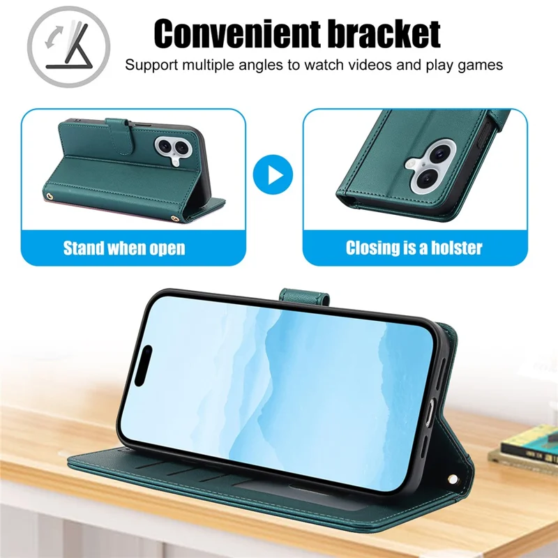 For iPhone 17 Case PU Leather Stand View Phone Wallet Cover with Hand Strap - Green