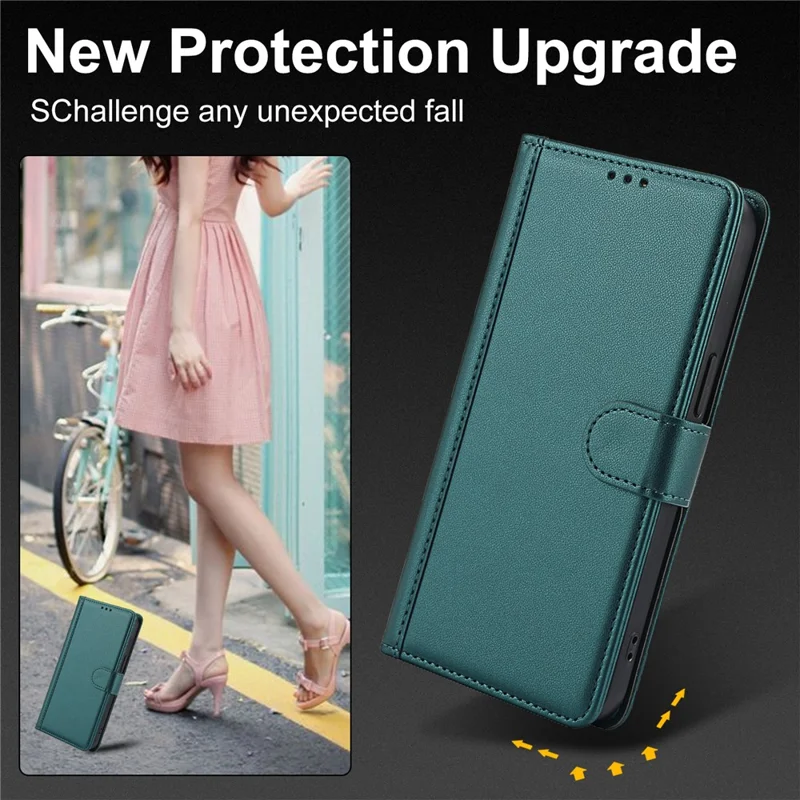 For iPhone 17 Case PU Leather Stand View Phone Wallet Cover with Hand Strap - Green