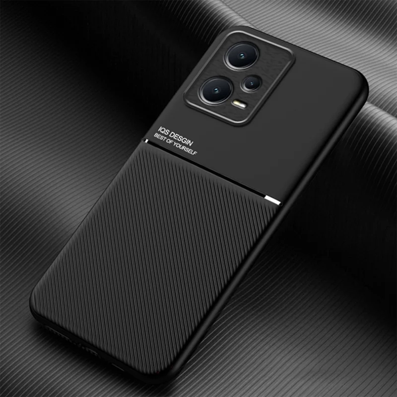 Anti-scratch Back Case for Xiaomi Redmi Note 12 Pro 5G Lines Imprinted PU Leather+TPU Hybrid Shell with Built-in Metal Sheet - Black