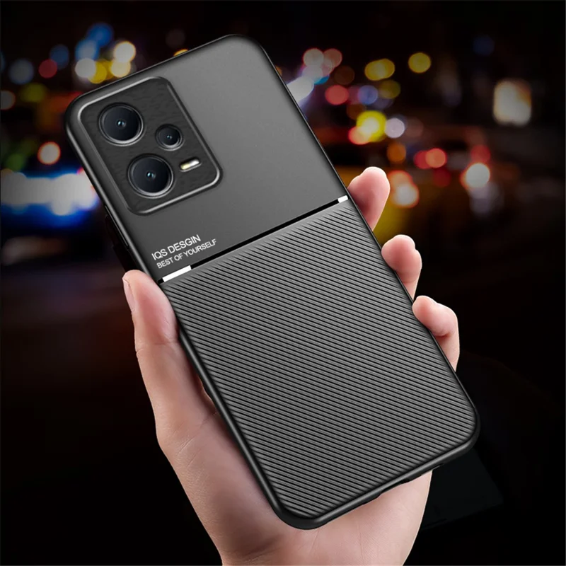 Anti-scratch Back Case for Xiaomi Redmi Note 12 Pro 5G Lines Imprinted PU Leather+TPU Hybrid Shell with Built-in Metal Sheet - Black