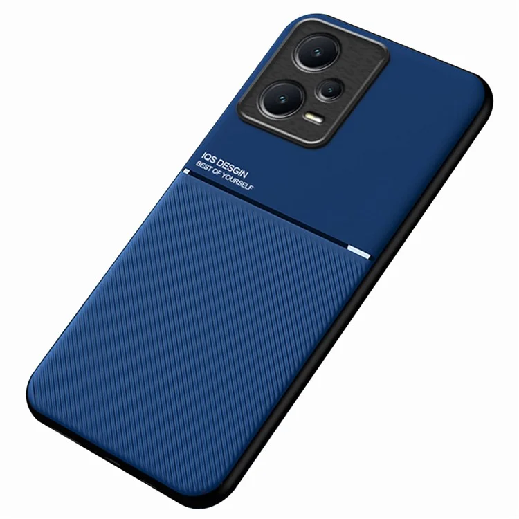 Anti-scratch Back Case for Xiaomi Redmi Note 12 Pro 5G Lines Imprinted PU Leather+TPU Hybrid Shell with Built-in Metal Sheet - Blue