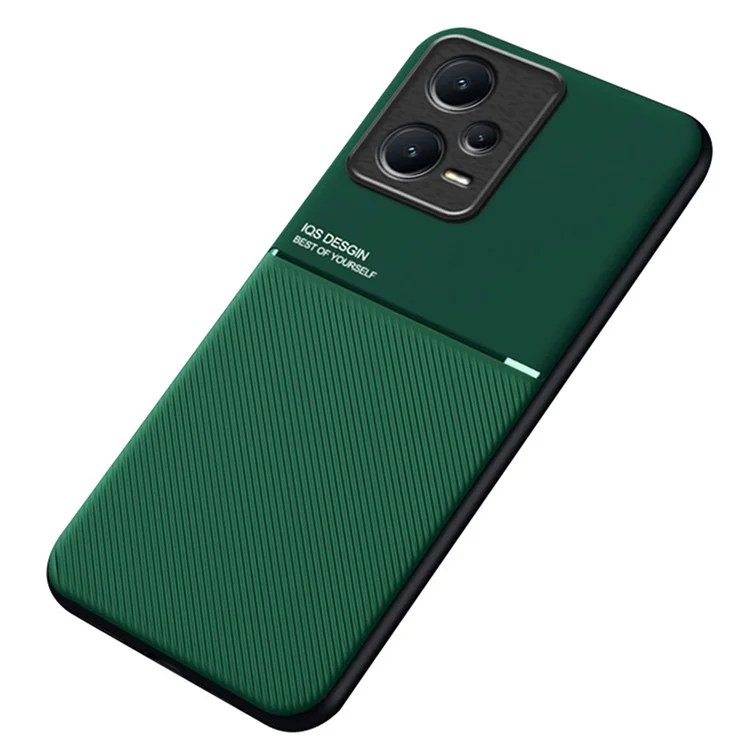 Anti-scratch Back Case for Xiaomi Redmi Note 12 Pro 5G Lines Imprinted PU Leather+TPU Hybrid Shell with Built-in Metal Sheet - Green