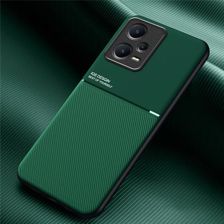 Anti-scratch Back Case for Xiaomi Redmi Note 12 Pro 5G Lines Imprinted PU Leather+TPU Hybrid Shell with Built-in Metal Sheet - Green