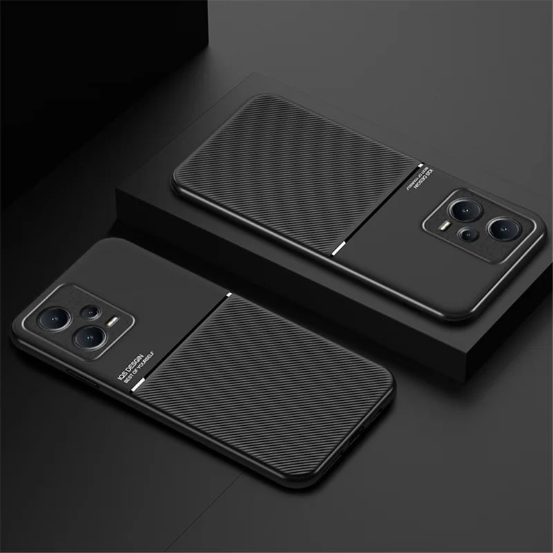 Capa Traseira Anti-Arranhões para Xiaomi Redmi Note 12 Pro 5G Linhas Impressas em Couro PU+Carcaça Híbrida TPU com Placa de Metal Integrada - Vermelho