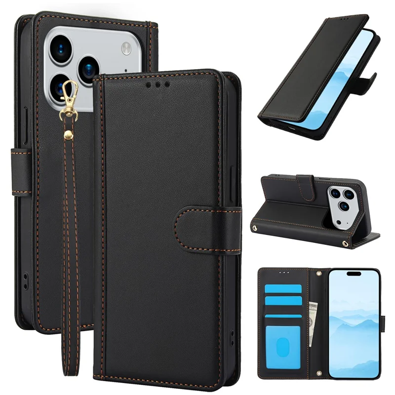For iPhone 18 Pro / 17 Pro Case PU Leather Stand View Phone Wallet Cover with Hand Strap - Black