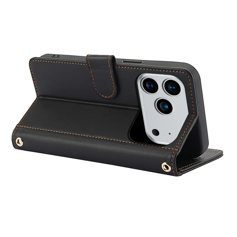 For iPhone 18 Pro / 17 Pro Case PU Leather Stand View Phone Wallet Cover with Hand Strap - Black