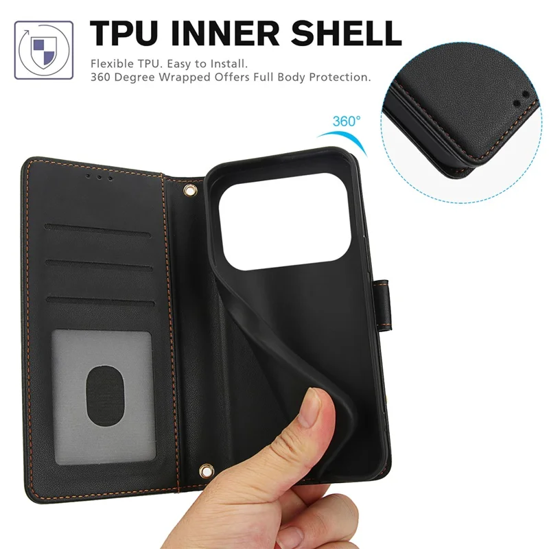 For iPhone 18 Pro / 17 Pro Case PU Leather Stand View Phone Wallet Cover with Hand Strap - Black