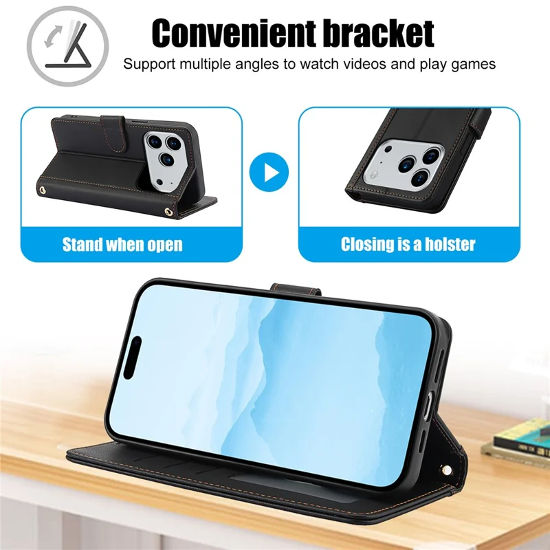For iPhone 18 Pro / 17 Pro Case PU Leather Stand View Phone Wallet Cover with Hand Strap - Black