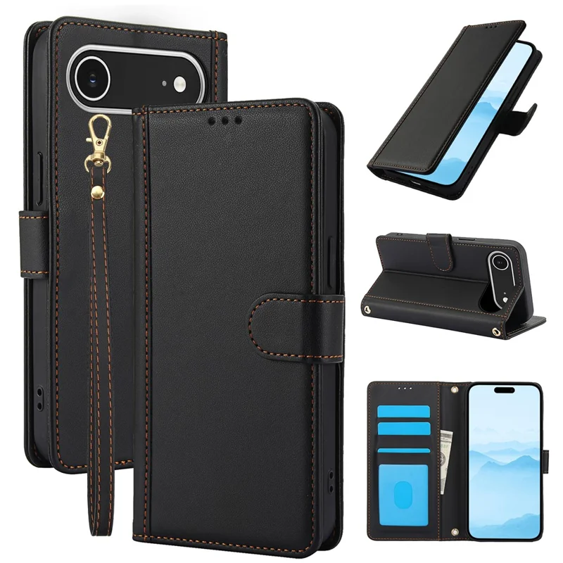 For iPhone Air Case PU Leather Stand View Phone Wallet Cover with Hand Strap - Black