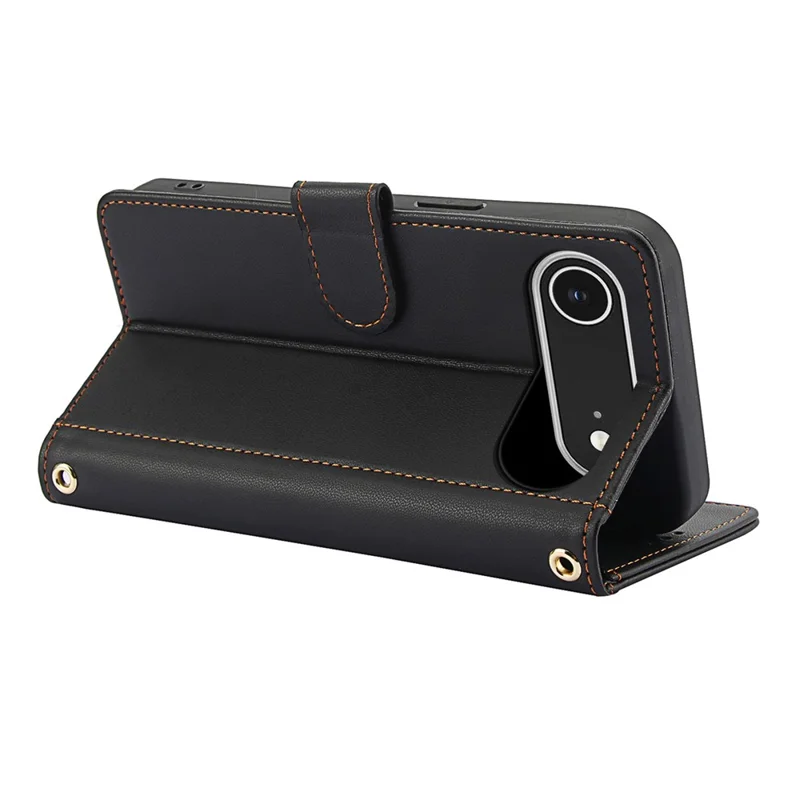 For iPhone Air Case PU Leather Stand View Phone Wallet Cover with Hand Strap - Black