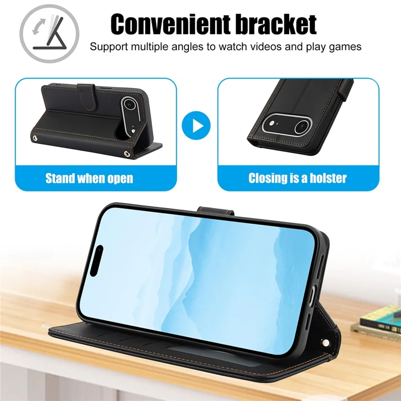For iPhone Air Case PU Leather Stand View Phone Wallet Cover with Hand Strap - Black