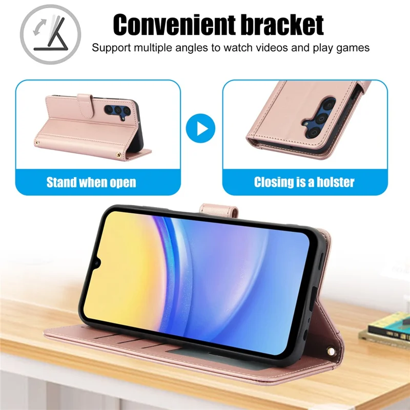 Funda de cuero PU para Samsung Galaxy A17 5G / A17 4G / A26 5G, con soporte, diseño tipo cartera con correa para la mano - Rosa