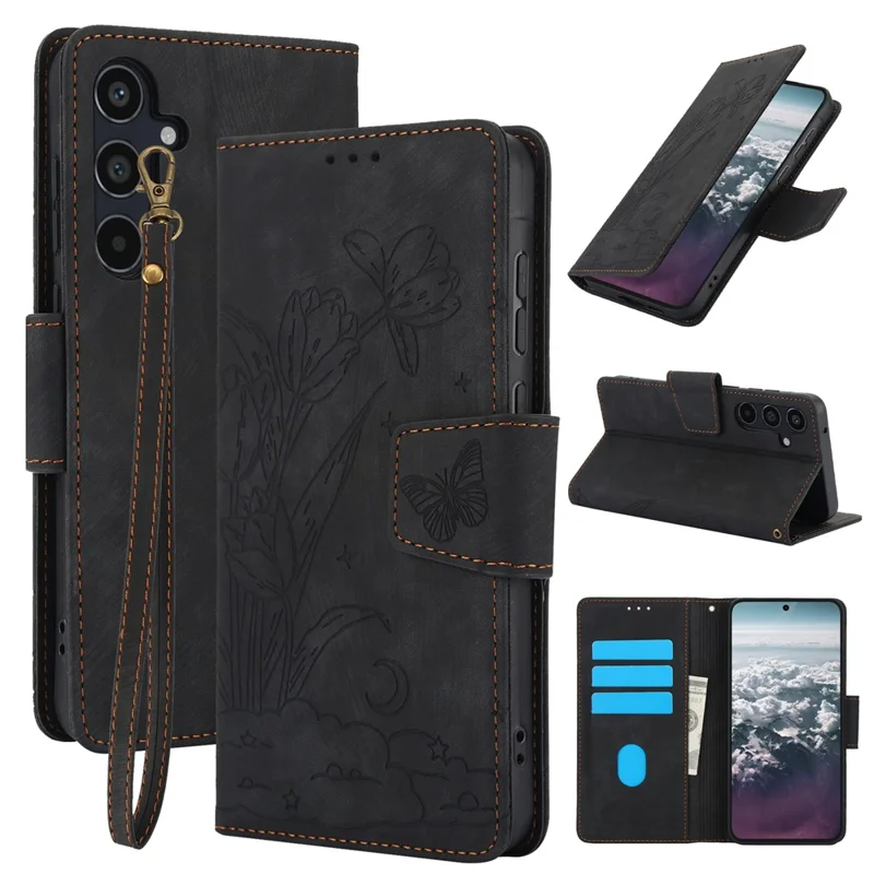Leather Case for Samsung Galaxy A17 5G / A17 4G / A26 5G Flower Butterfly Wallet Phone Cover with Hand Strap - Black