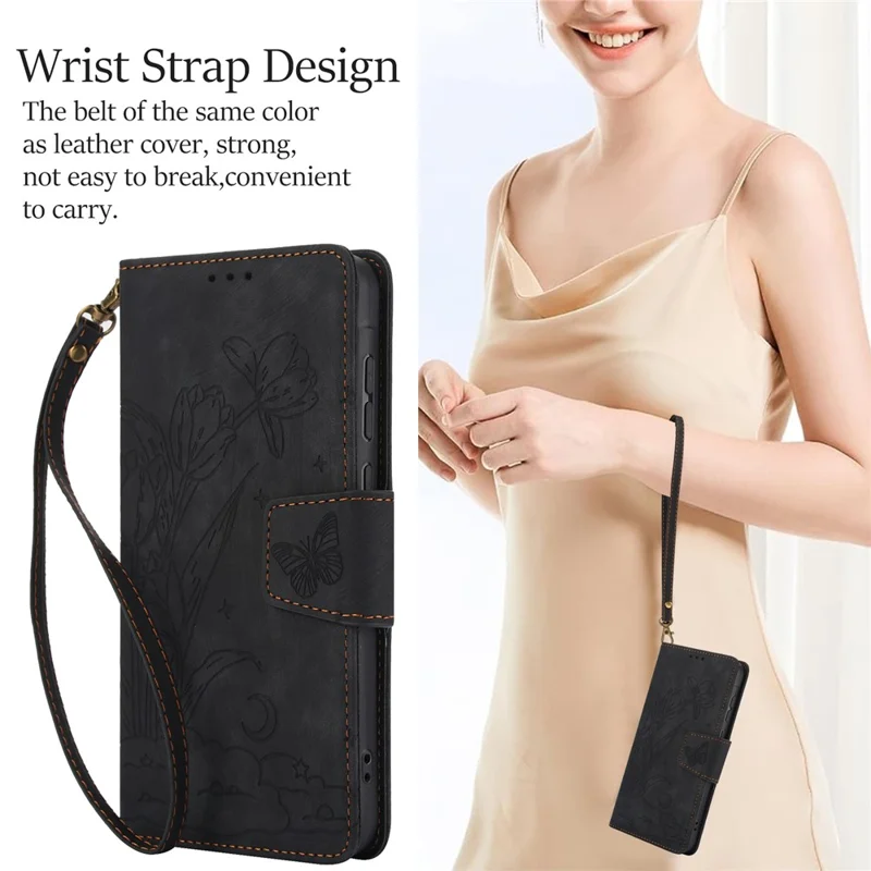 Leather Case for Samsung Galaxy A17 5G / A17 4G / A26 5G Flower Butterfly Wallet Phone Cover with Hand Strap - Black