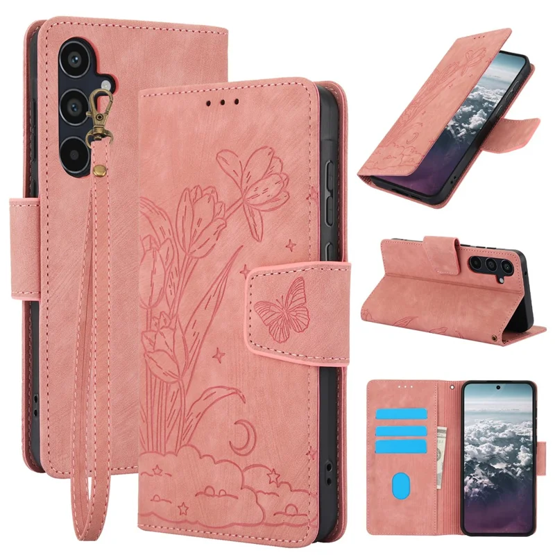 For Samsung Galaxy A57 Case Flower Butterfly Leather Wallet Phone Cover with Hand Strap - Pink