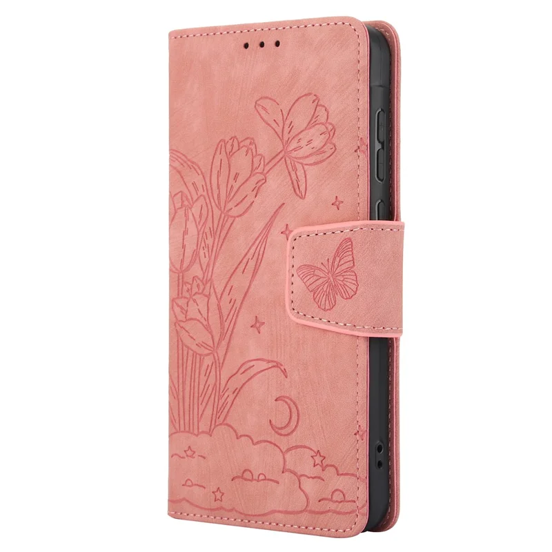 For Samsung Galaxy A57 Case Flower Butterfly Leather Wallet Phone Cover with Hand Strap - Pink