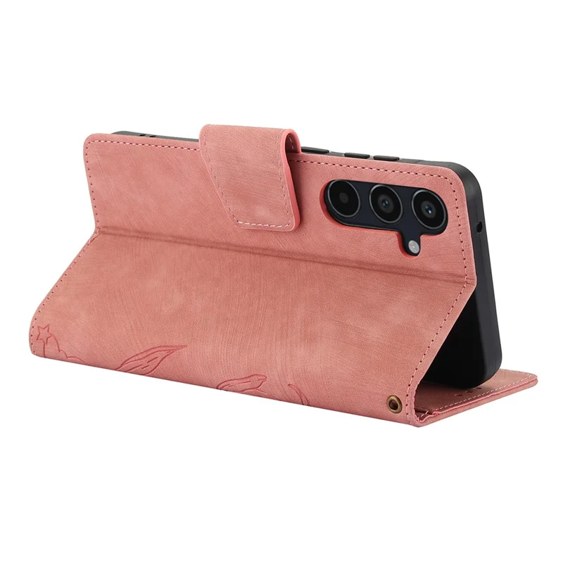 For Samsung Galaxy A57 Case Flower Butterfly Leather Wallet Phone Cover with Hand Strap - Pink