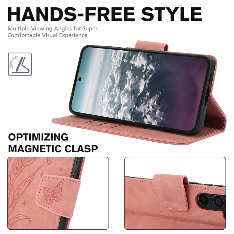 For Samsung Galaxy A57 Case Flower Butterfly Leather Wallet Phone Cover with Hand Strap - Pink