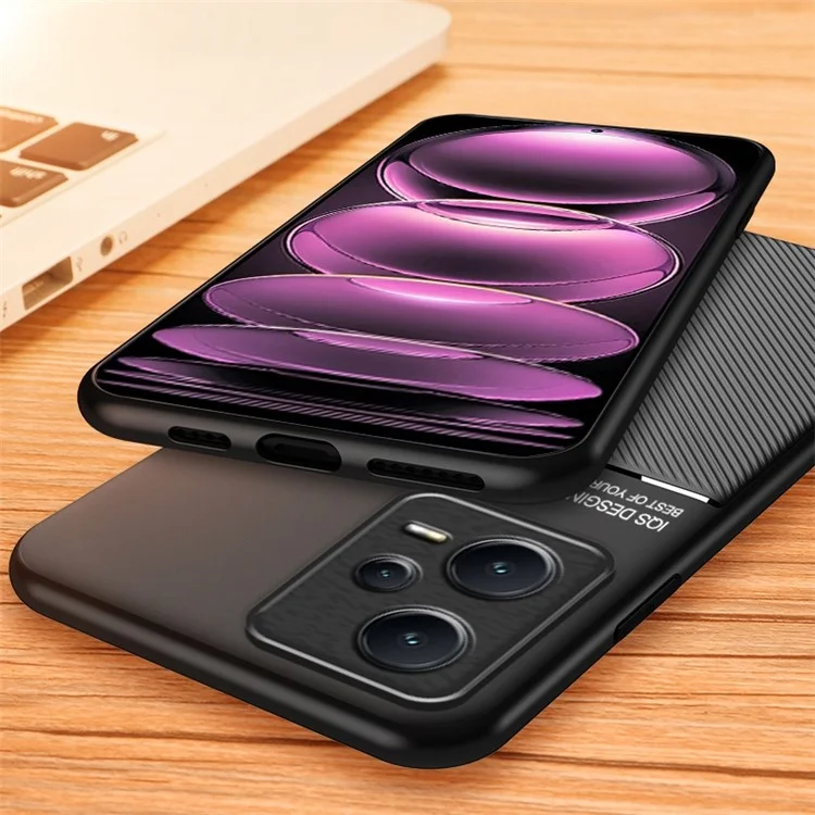 Capa antichoque traseira para Xiaomi Redmi Note 12 Pro+ 5G com linhas impressas em couro PU + TPU Hybrid Shell com placa de metal integrada - Preto