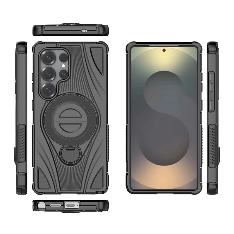 For Samsung Galaxy S25 Ultra Magnetic Case Rotating Kickstand TPU PC Shockproof Phone Back Cover - Black