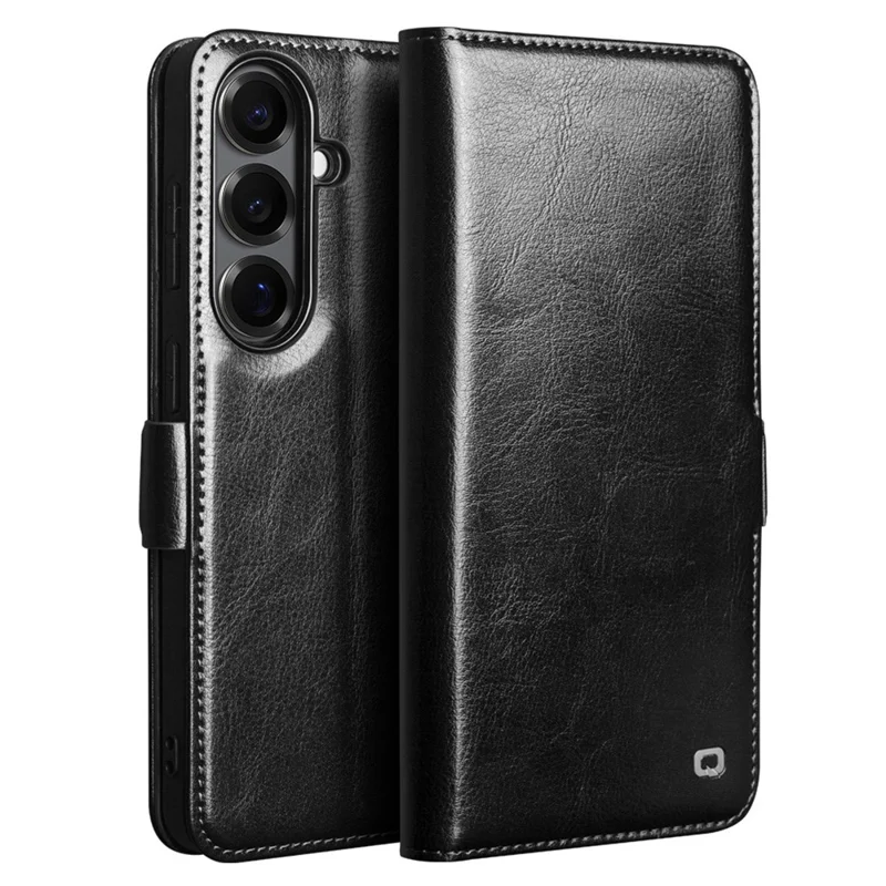 QIALINO For Samsung Galaxy S26+ Case with Card Holder Genuine Cow Leather Stand Phone Cover - Black