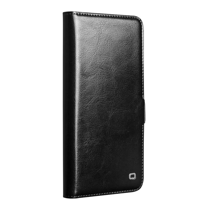 QIALINO For Samsung Galaxy S26+ Case with Card Holder Genuine Cow Leather Stand Phone Cover - Black