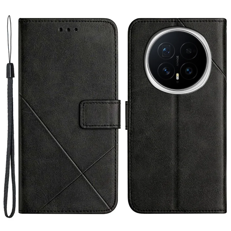 For Honor Magic8 5G Case Line Pattern Wallet Leather Phone Cover with Wrist Strap - Black