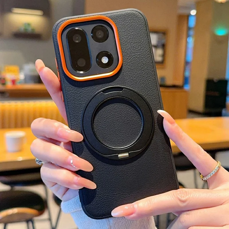 Capa para OnePlus 15 5G com Suporte Giratório Revestida a Pele Sintética em PC + TPU - Preto