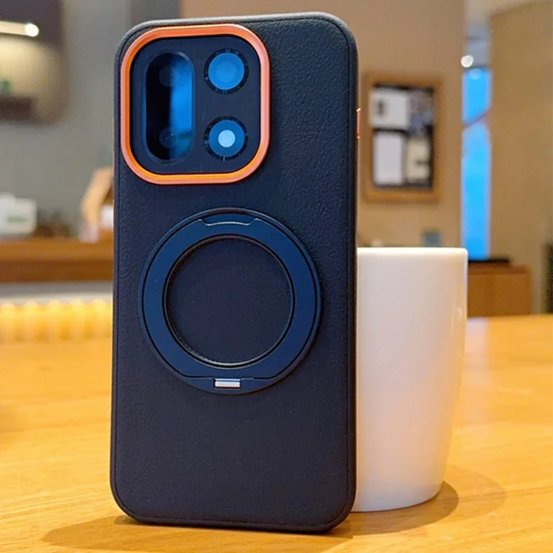 Capa para OnePlus 15 5G com Suporte Giratório Revestida a Pele Sintética em PC + TPU - Preto