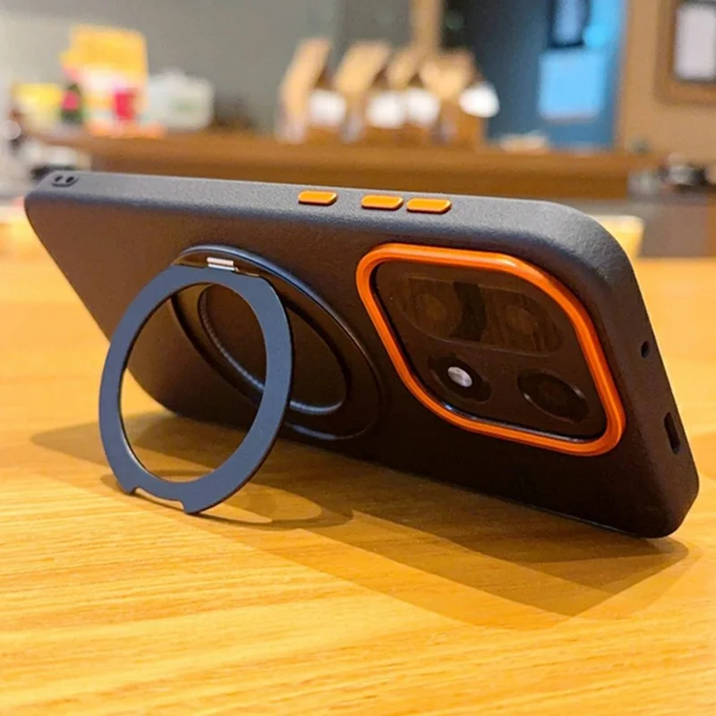 Capa para OnePlus 15 5G com Suporte Giratório Revestida a Pele Sintética em PC + TPU - Preto