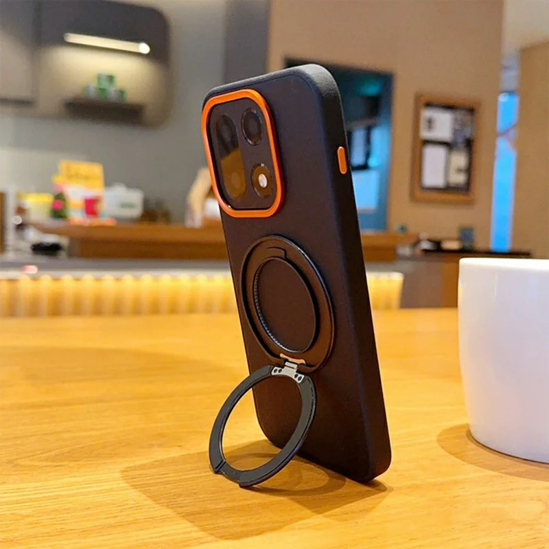 Capa para OnePlus 15 5G com Suporte Giratório Revestida a Pele Sintética em PC + TPU - Preto