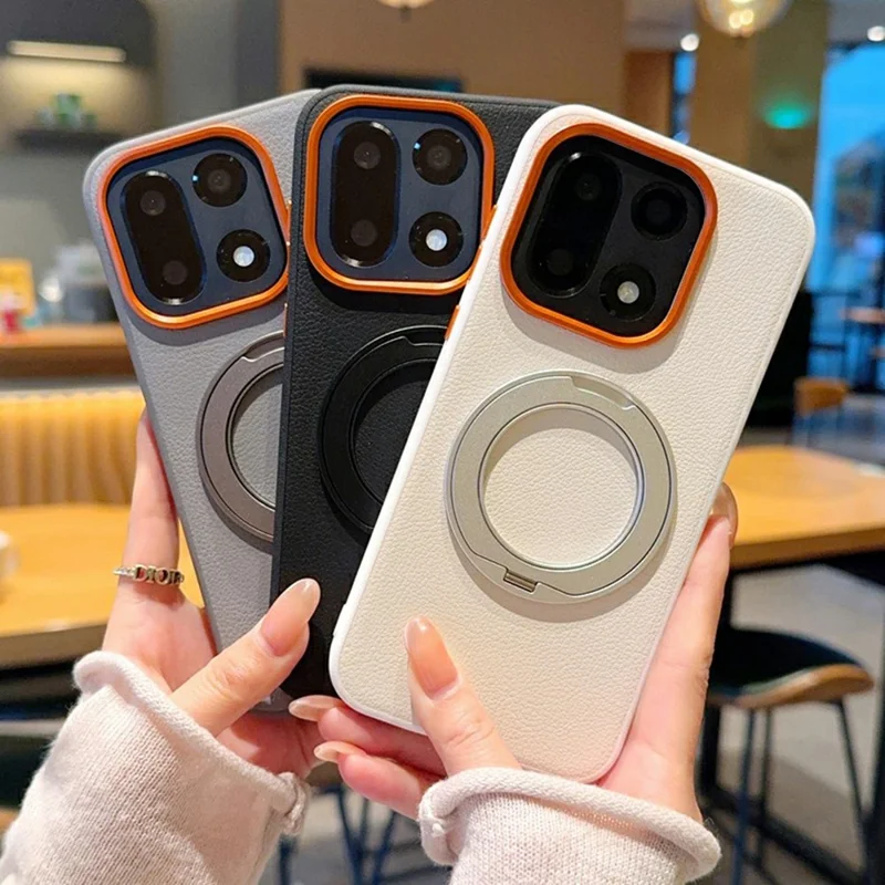 Capa para OnePlus 15 5G com Suporte Giratório Revestida a Pele Sintética em PC + TPU - Preto