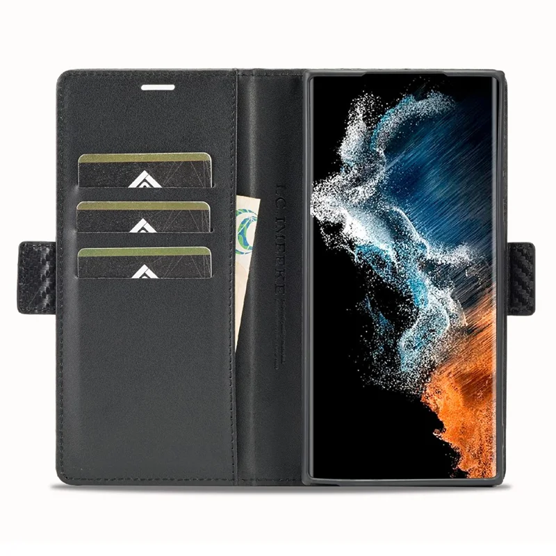 LC.IMEEKE Custodia Portafoglio per Samsung Galaxy S26 Ultra, Cover per Telefono in Pelle con Texture Fibra di Carbonio - Striscia Orizzontale