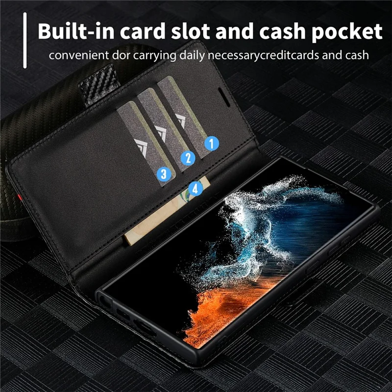 LC.IMEEKE Custodia Portafoglio per Samsung Galaxy S26 Ultra, Cover per Telefono in Pelle con Texture Fibra di Carbonio - Striscia Orizzontale