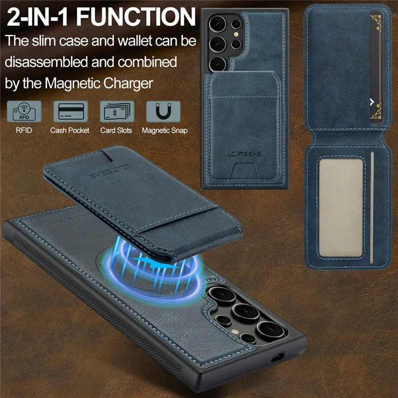 LC.IMEEKE L3 For Samsung Galaxy S26 Ultra Magnetic Case Detachable Card Holder Leather TPU Mobile Cover - Blue