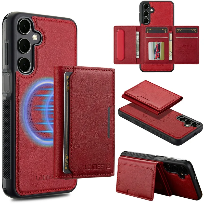 LC.IMEEKE L5 For Samsung Galaxy S26+ Magnetic Phone Case Leather Back Cover with Detachable Card Holder - Red
