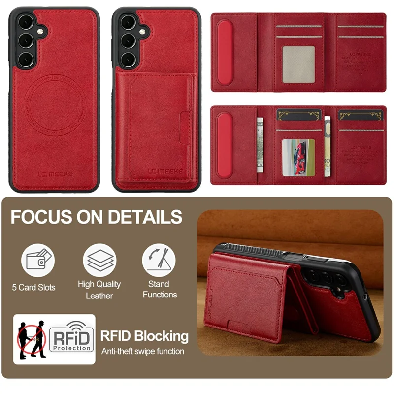 LC.IMEEKE L5 For Samsung Galaxy S26+ Magnetic Phone Case Leather Back Cover with Detachable Card Holder - Red