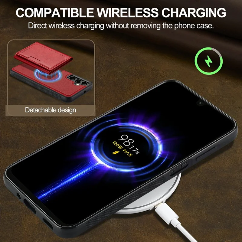 LC.IMEEKE L5 For Samsung Galaxy S26+ Magnetic Phone Case Leather Back Cover with Detachable Card Holder - Red