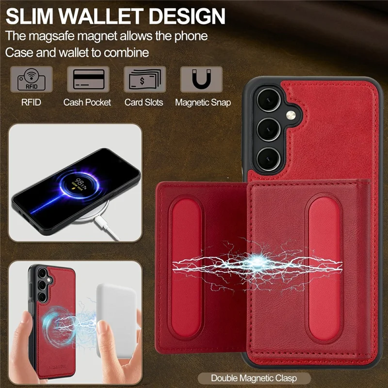 LC.IMEEKE L5 For Samsung Galaxy A57 5G Magnetic Phone Case Leather Back Cover with Detachable Card Holder - Red
