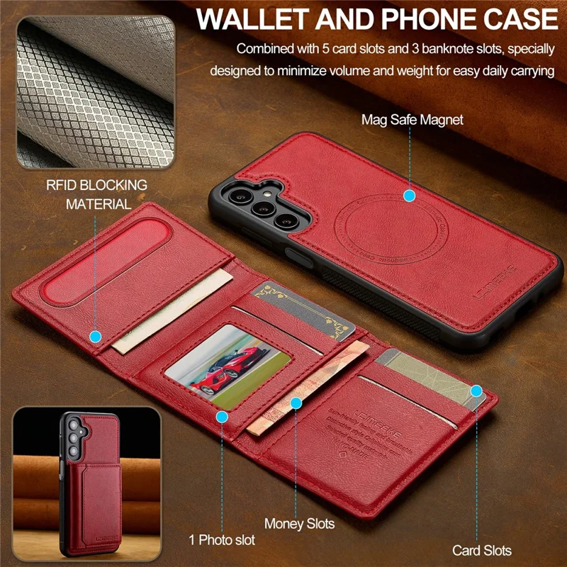 LC.IMEEKE L5 For Samsung Galaxy A37 Magnetic Phone Case Leather Back Cover with Detachable Card Holder - Red